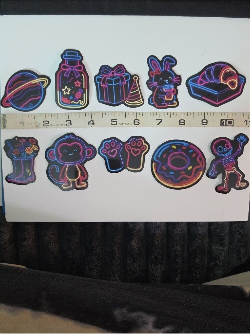 Neon Vinyl Sticker Set - Cute Icons (Planet, Donut, Bunny, Monkey) Lot Of Ten
